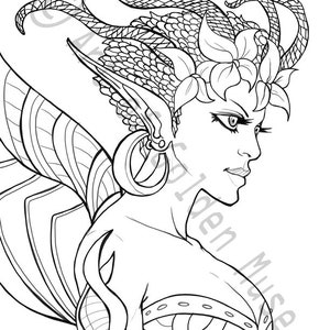 May include: A black and white line drawing of a woman with a floral crown and intricate wings. Her hair is styled in a series of braids and curls. The woman has a serious expression on her face.