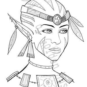 May include: A black and white line drawing of a woman with long, pointed ears, wearing a headdress with feathers and a necklace with geometric designs. The woman has a serious expression on her face.