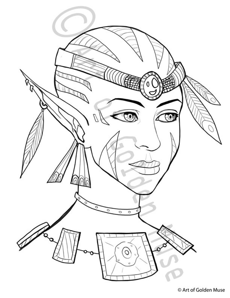 May include: A black and white line drawing of a woman with long, pointed ears, wearing a headdress with feathers and a necklace with geometric designs. The woman has a serious expression on her face.