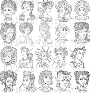 May include: A black and white line drawing of 20 different female faces with various hairstyles and facial features. Each face is surrounded by intricate details and patterns.