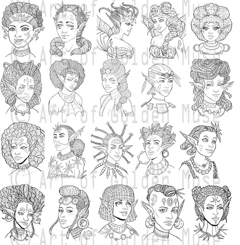 May include: A black and white line drawing of 20 different female faces with various hairstyles and facial features. Each face is surrounded by intricate details and patterns.