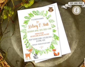 Woodland Creatures Baby Shower Invitation Editable Template, DIY Invite, Templett, Woodland Baby Shower