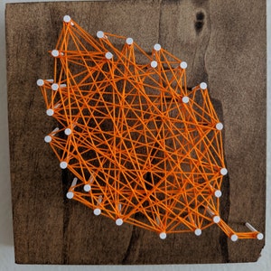 Puede incluir: Arte de hilo naranja sobre un fondo de madera marrón oscuro. El arte de hilo tiene la forma de una hoja con tachuelas blancas.