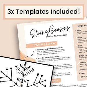 May include: String art instructions with a close-up of a template showing how to create a snowflake design. The instructions include preparing the wood, taping the template, marking the pattern, and hammering nails into each mark. The text "String Seasons" is at the top of the page.