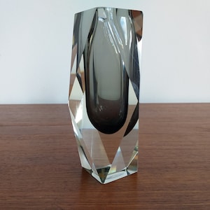 Sommerso Murano grey faceted block vase, massive iconic Italian design from 60s, Mid Century Modern Alessandro Mandruzzato or Flavio Poli