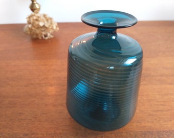 Unique Scandinavian Mouth Blown Vase | Ultra Light Glass | Filigrane pattern in dark sea green blue, unmarked
