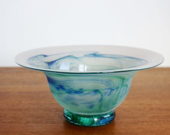 Jane Charles | mouth-blown studio art flared bowl, frosted blue and green swirl decoration, signed on foot