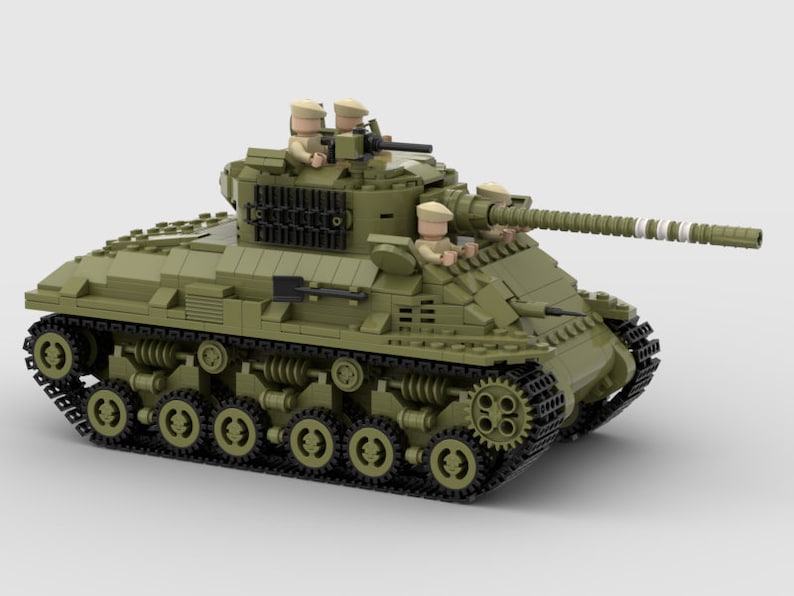 May include: A green toy tank with three minifigures on top. The tank has a long barrel and tracks. The minifigures are wearing tan hats and holding guns.