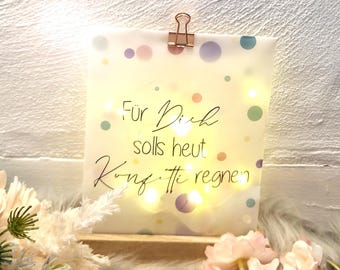 Lichttüte mit Spruch Konfetti regnen, Leuchtbild, Geschenk, Geburtstag, Windlicht, Tischdeko Eichenklötzchen, Kleines Mitbringsel Freundin