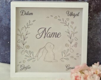 Beleuchteter Bilderrahmen zur Geburt, Taufgeschenk, personalisiertes Nachtlicht mit Häschenmotiv, Babygeschenk Junge Mädchen
