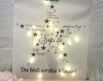 personalisiertes Geschenk zur Einschulung, Schulanfang, Mutmacher, Lichttüte mit Stern, Leuchtbild, Geldgeschenk, Tischdeko, Windlicht,