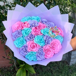 Light purple,hot pink,and aqua blue roses, eternal roses bouquet , birthday gift, roses, bouquets, forever lasting, ramo, ramobuchon