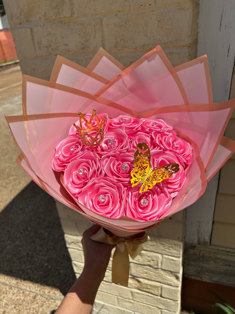 Hot Pink Roses With Butterfly and Small Crown, Eternal Roses Bouquet ...