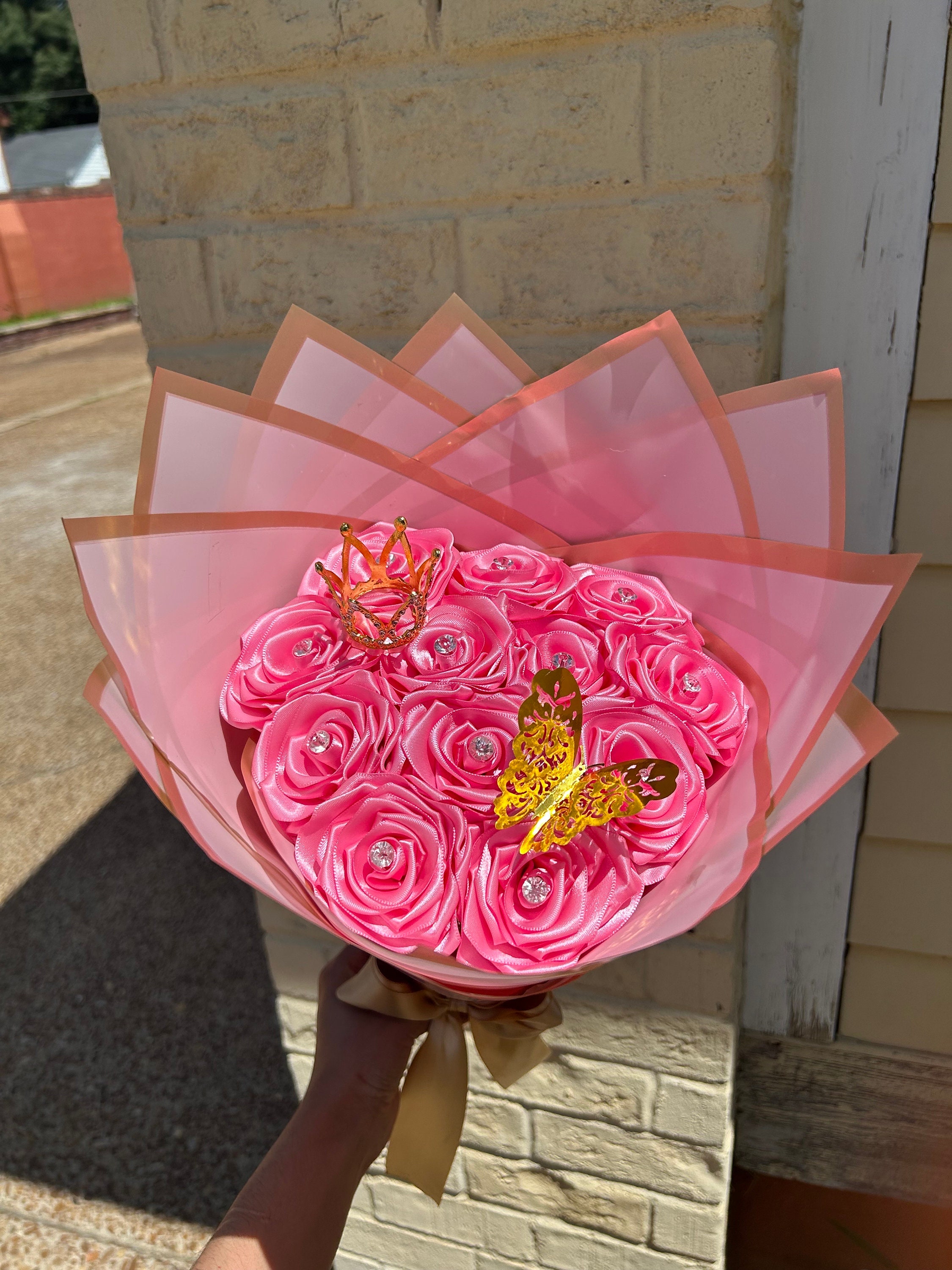 Hot Pink Roses With Butterfly and Small Crown, Eternal Roses Bouquet ...