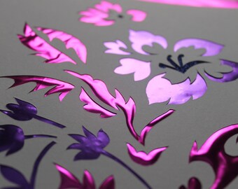 11 "x 14" weiß, lila und rosa handgemachte Papier Ausschnitt, Blume und Vogel Wandkunst, Original Papier Ausschnitt Illustration, Handcut Kunst