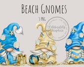 Beach Gnomes Hand Drawn Watercolor Seashells Gnome Clipart, Digital Instant Download, Commercial PNG