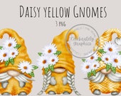 Yellow Daisy Gnomes PNG, Gingham Gnomes Clipart, Summer HandDrawn watercolour Artwork, Instant Download Clipart