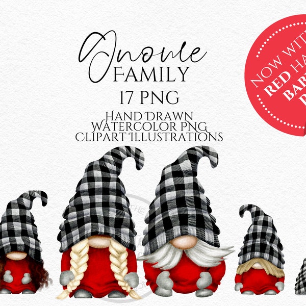 Buffalo Plaid Gnomes, Dad Mom Gnome, Children Baby Pets Gnome Hand Drawn Watercolor Gnome Clipart, Digital Instant Download, Commercial  PNG