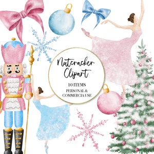 Clipart de quebra-nozes rosa, clipart de férias em aquarela de Natal Ballet rosa açúcar ameixa fada árvore de Natal, clipart de solider, uso comercial