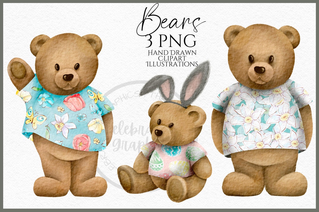 Easter Teddy Bear Clipart PNG, Hand Drawn Watercolor Bunny Ears Bear