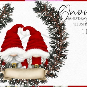 Father Christmas Mother Christmas Gnome Clipart PNG hand drawn watercolor instant download digital Commercial clipart