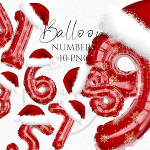 Foil Balloon Clipart, Noël Santa Hat Red Foil Balloon numéros Téléchargement instantané Graphiques en Png