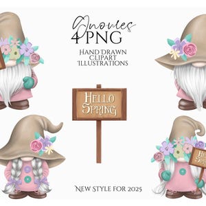 Spring Gnome Clipart Set, Hand Drawn PNG, Hello Spring Garden Gnomes, Cute Gnome Art, Farmhouse Sublimation, Printable Digital Download
