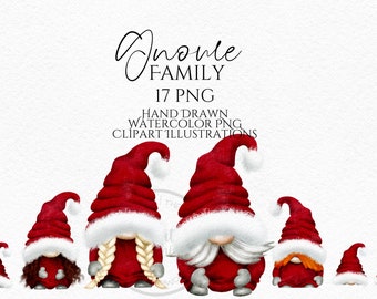 Red Christmas Gnomes Family Dad Mom Children Baby Pets Gnome Hand Drawn Gnome Clipart, Digital Instant Download, Commercial  PNG