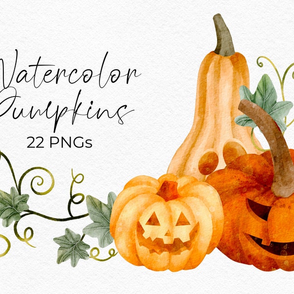 Watercolor Carved Pumpkins Clipart PNG Hand Drawn Halloween Carved Pumpkins Watercolor Instant Download Digital Commercial Clipart PNG