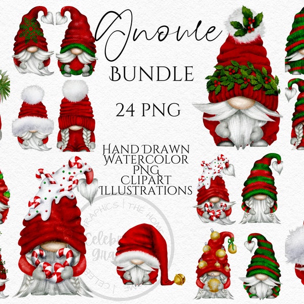 Christmas Gnome Clipart PNG Bundle Red Christmas Gonks hand drawn watercolor instant download digital Commercial clipart
