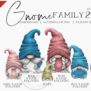 Familia de gnomos, papá, mamá, niños, bebés, mascotas, gnomos, imágenes prediseñadas de gnomos de acuarela dibujadas a mano, descarga digital instantánea, PNG comercial