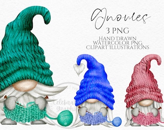 Knitting Gnome Clipart PNG Crafting Sewing Gnome clipart,  , Hand Drawn Watercolor  Gnome Clipart, Digital Instant Download, Commercial  PNG