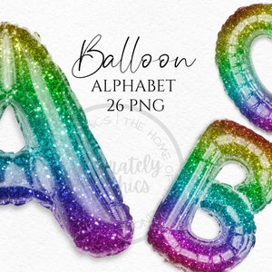 Imágenes prediseñadas de globos de lámina, letras del alfabeto de globos de lámina de brillo arcoíris, gráficos de descarga instantánea en png