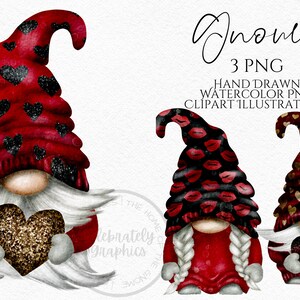 Pacchetto PNG di gnomi di San Valentino rosso scuro Clipart di gnomi di San Valentino disegnati a mano acquerello download immediato clipart commerciale digitale