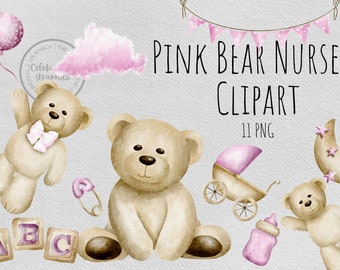 Nursery Clipart Pink Teddy Bears PNG clipart, baby clipart, Hand Drawn Bear graphics, instant download, digital Commercial clipart