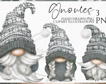 Grey Knitted Hat Gnome Clipart Png,  Christmas Autumn Hand Drawn Watercolor Gnome Clipart, Digital Instant Download, Commercial  PNG