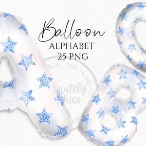 Folieballon clipart, blauwe folieballon met sterpatroon met schaduw alfabetletters Instant Download graphics in png