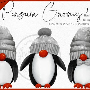 Gnomos de pingüinos copos de nieve acuarela clipart PNG, descarga instantánea digital de gonk navideño, PNG comercial