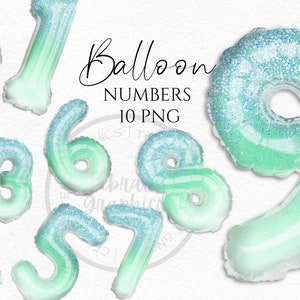 Foil Balloon Clipart, Blue Green Glitter Patterned Foil Balloon with Shadow numbers  Instant Download Graphics in Png