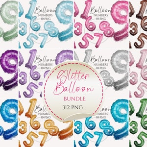 Folienballon Clipart Bundle, Glitter Bundle Folienballon Zahlen, Instant Download Grafiken in Png