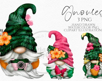 Tropical Gnome Clipart PNG Bundle  Summer Gonk hand drawn watercolor instant download digital Commercial clipart