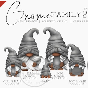 Gnome Family, Dad Mom, Children Baby Pets Gnomes Hand Drawn Watercolor Gnome Clipart, Digital Instant Download, Commercial PNG