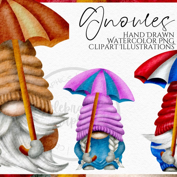 Umbrella Gnome Clipart PNG Bundle  Wet weather Gonk hand drawn watercolor instant download digital Commercial clipart