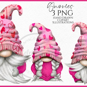 Valentines Pink Hearts Gnome Clipart PNG bundel hart Valentine Gonk hand getekende aquarel instant download digitale commerciële clipart