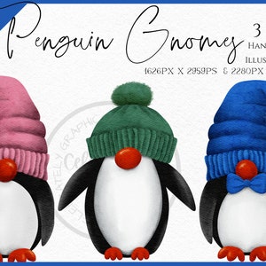 Gnomos pingüinos acuarela clipart PNG, descarga instantánea digital de gnomos navideños, PNG comercial