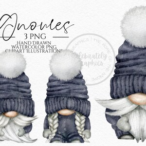 Christmas Hat Gnomes Png,  Grey Hat Hand Drawn Watercolor  Gnome Clipart, Digital Instant Download, Commercial  PNG