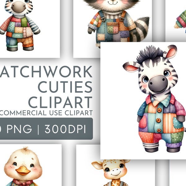 Patchwork Animals Clipart PNG, Clipart Pack 10 Crafts Card Making Transparent Background Instant Download, Digital File, Commercial Clipart