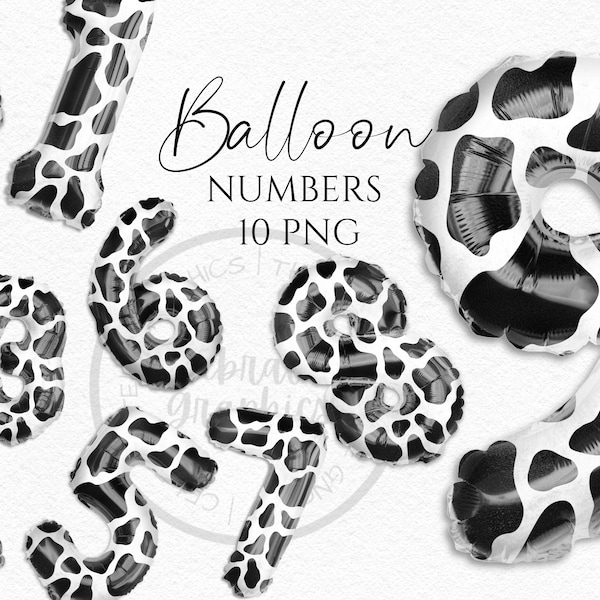 Foil Balloon Clipart, Ballon en aluminium à motifs de vache avec numéros d’ombre Téléchargement instantané de graphiques en Png