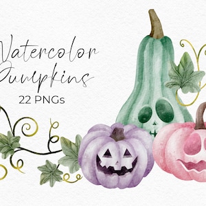 Watercolor Carved Pumpkin Clipart PNG Hand Drawn Halloween Pastel Pumpkins Watercolor Instant Download Digital Commercial Clipart PNG