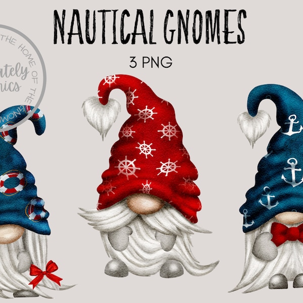 Nautical Gnomes, Nautical clipart, Hand Drawn Watercolor  Gnome Clipart, Digital Instant Download, Commercial  PNG